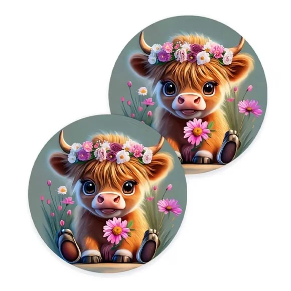 Car Coasters with Cute Highland Cow Design, One Size, Brown/Green - Picture 1 of 5